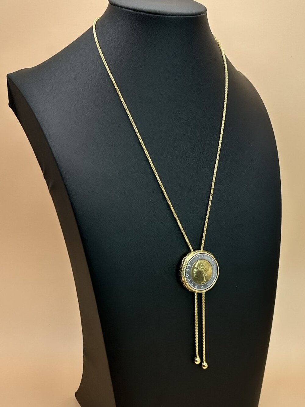 Bellezza Italian Coin Bolo Necklace Gold Tone Bronze 18K Gold Plated